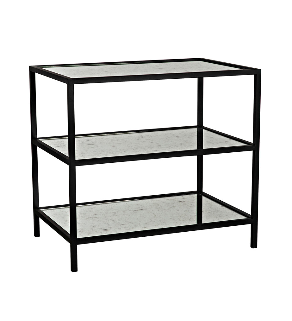 Noir, 3 Tier Side Tables with Antiqued Mirror - Black Steel