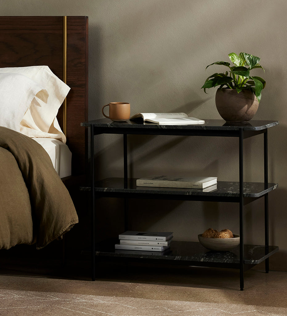 Four Hands, Jasper Nightstand - Iron Matte Black with Polished Black Marble