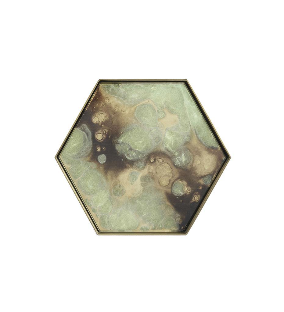 Ethnicraft, Moss Organic Glass Valet Tray - Metal Rim - Hexagon - M